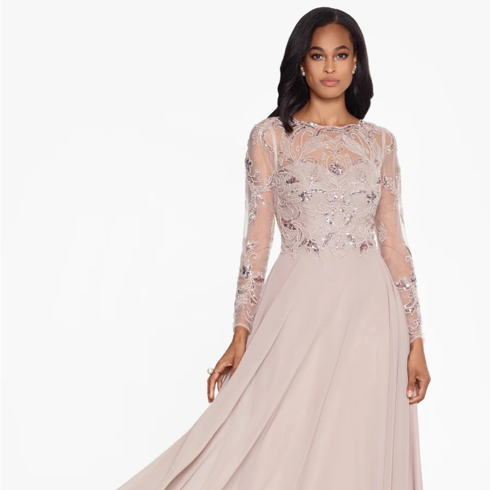 Xscape Women’s Illusion Long Sleeve Floral Beaded Bodice Chiffon Gown 8